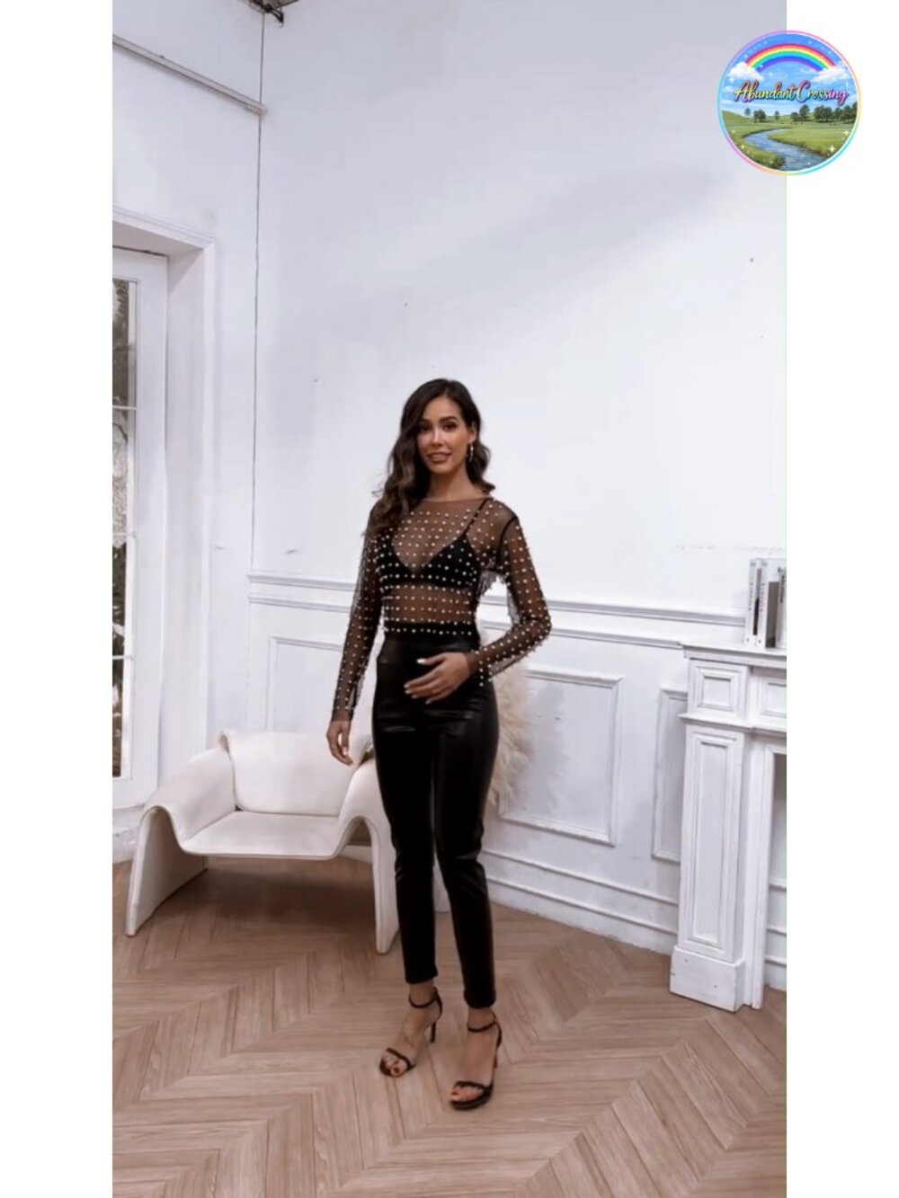 Sheer Mesh Pearl Rhinestone Crop Top Long Sleeve Y2K Clubwear Coverup - Picture 6 of 6